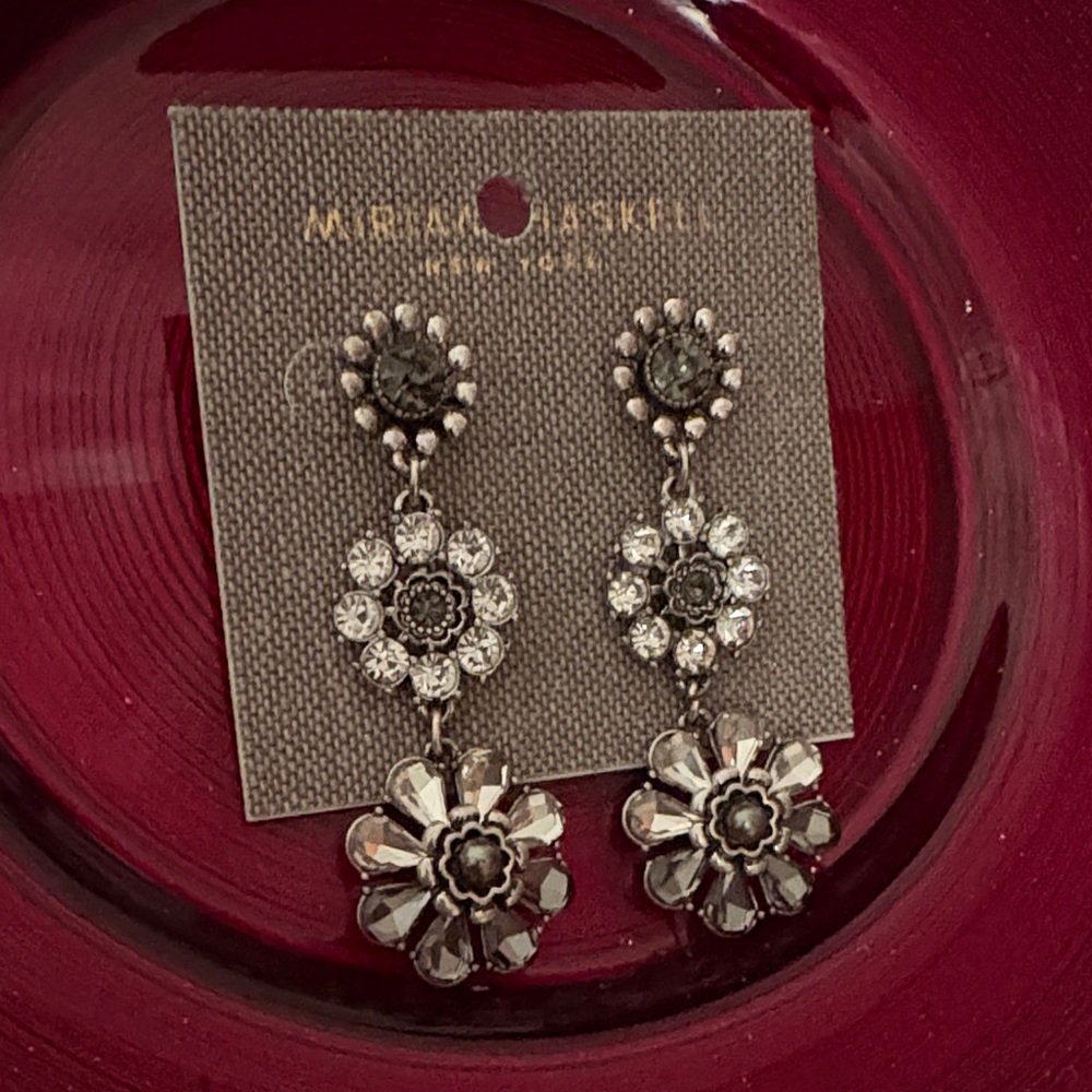 Miriam Haskell Silver-Tone Floral Drop Earrings with Clear Crystals
